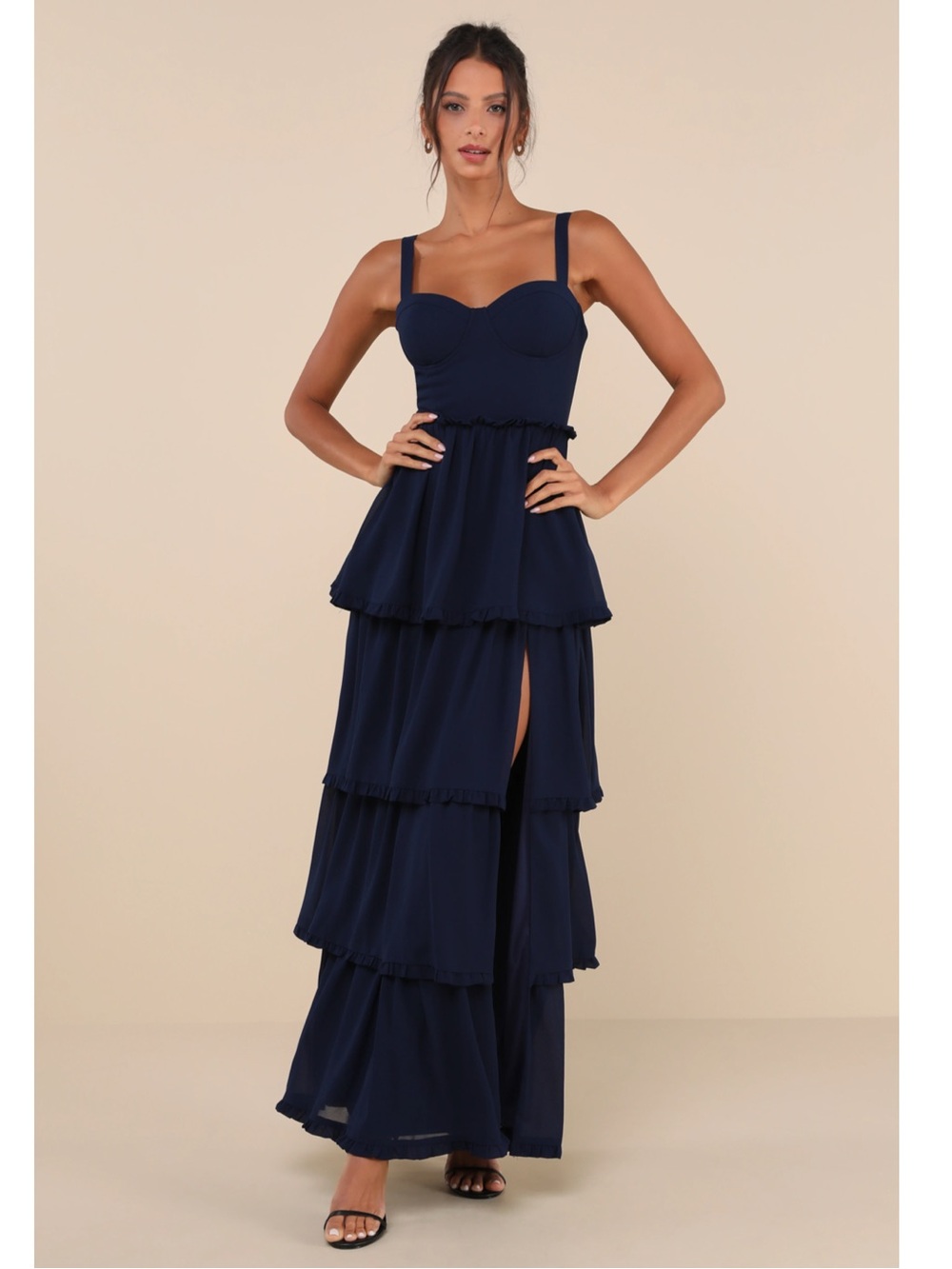 Lulus Sophisticated Occasion Navy Blue Bustier Lace-Up Tiered Ruffle Maxi Dress